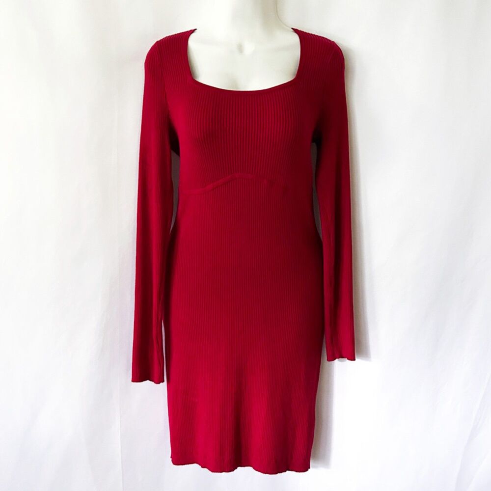 NWOT Hollister Red Ribbed Sweater Dress (L) Square Neckline Underbust Shaping - Picture 4 of 13